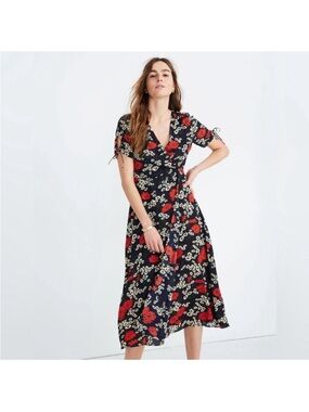 Madewell Black Midi Wrap Dress with Red and Cream Floral Print